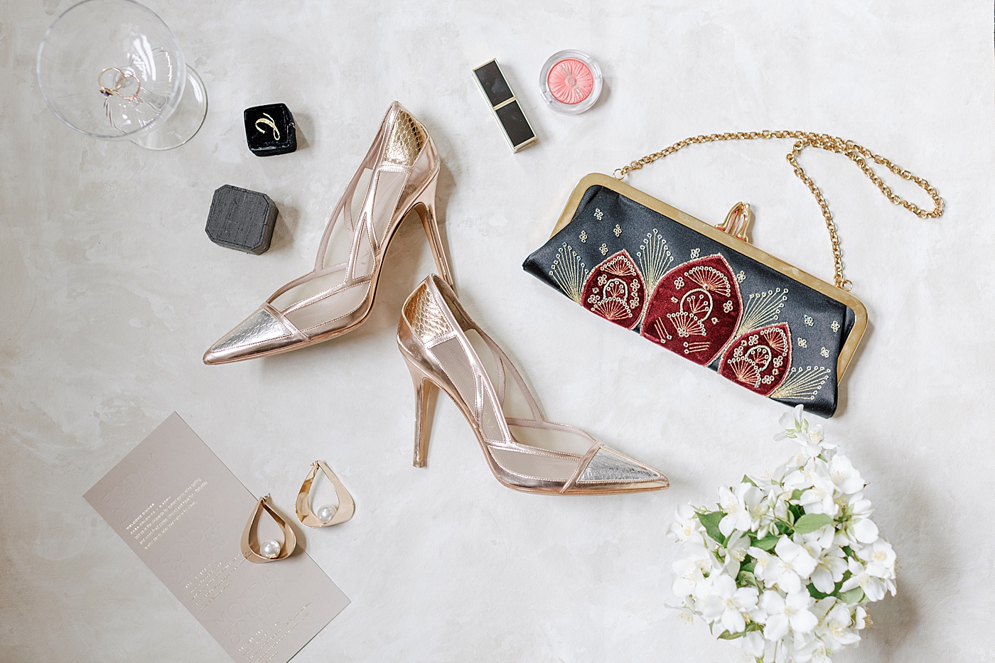 Bridal details. with beaded purse and gold shoes | Photo by NYC Wedding Photographer Hope Helmuth 