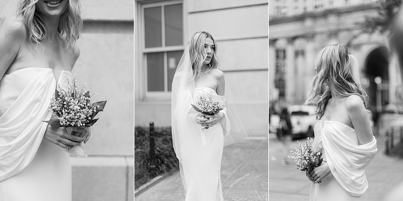 Black and white details of bride holding a bouquet | Photo by NYC Wedding Photographer Hope Helmuth