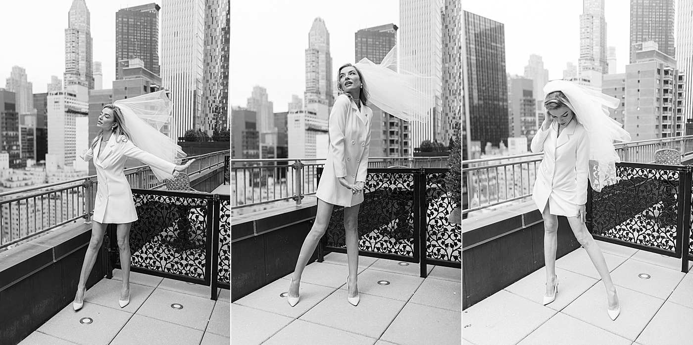 Black and white images of a bride on a balcony | Photo by Hope Helmuth Photography