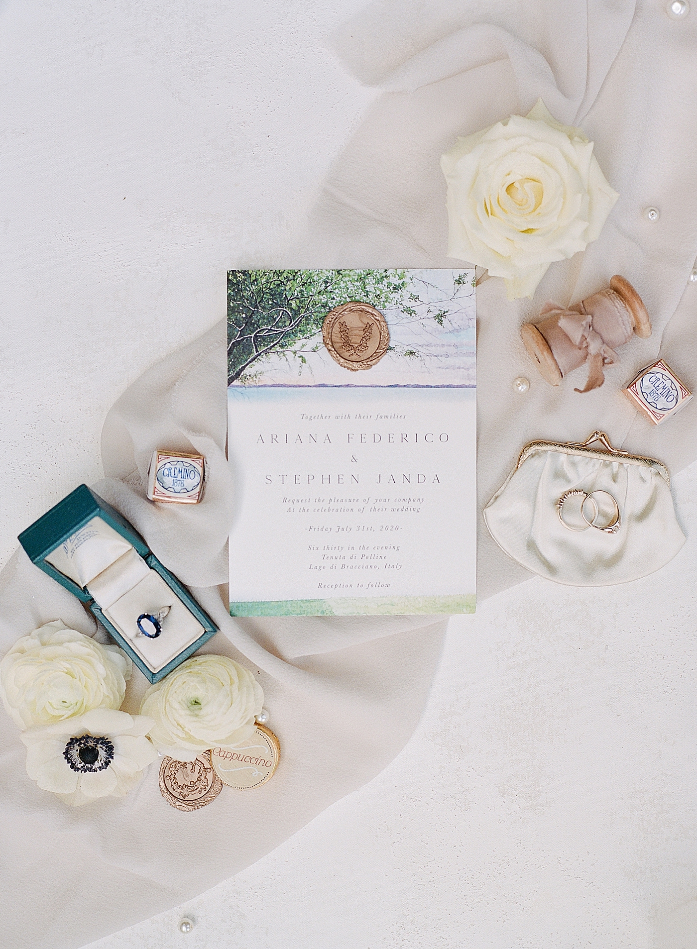 Wedding invitation with bridal jewelry | Photo by Hope Helmuth Photography