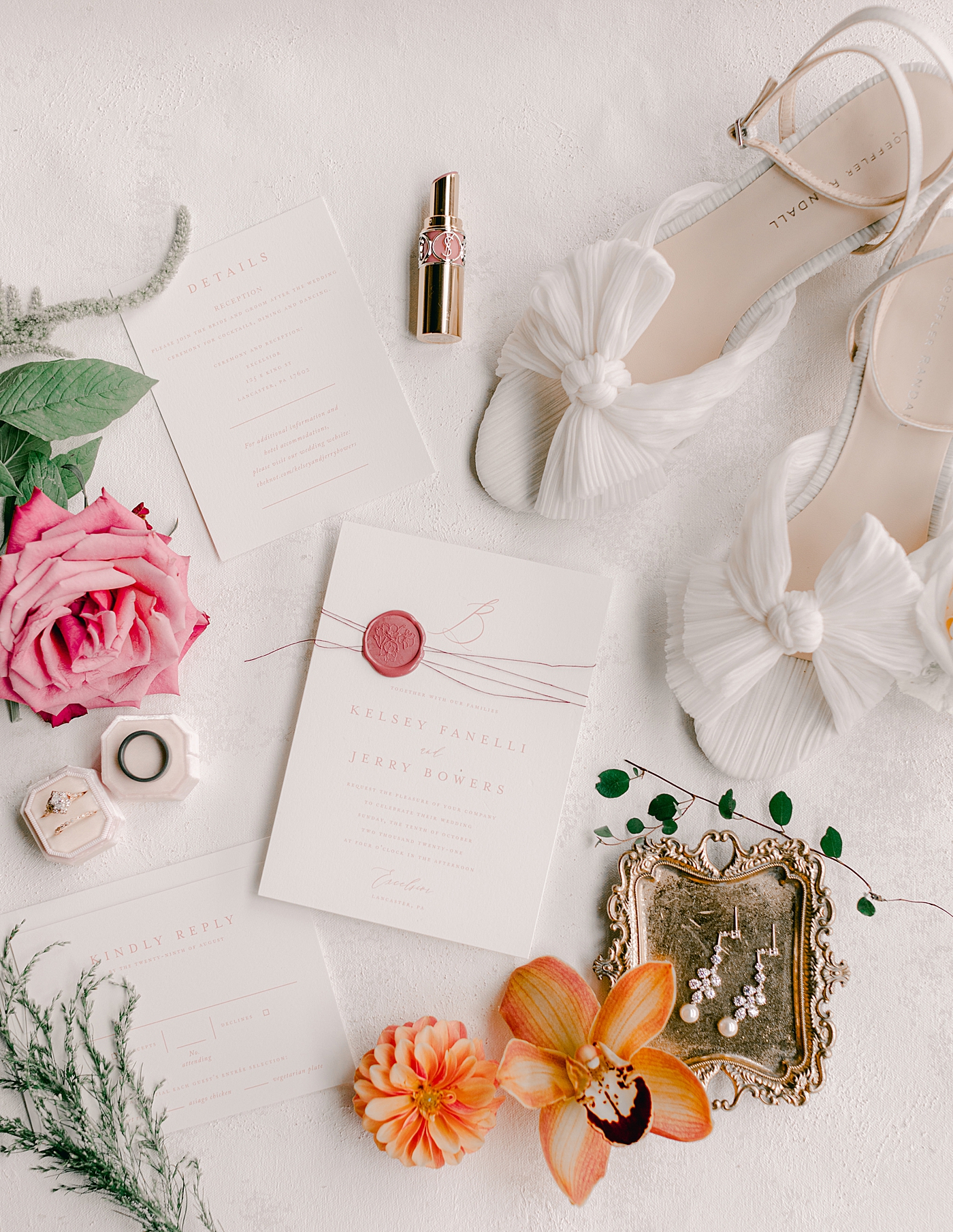 Wedding invitation with shoes, florals and lipstick | Excelsior PA Wedding Photography by Hope Helmuth Photography