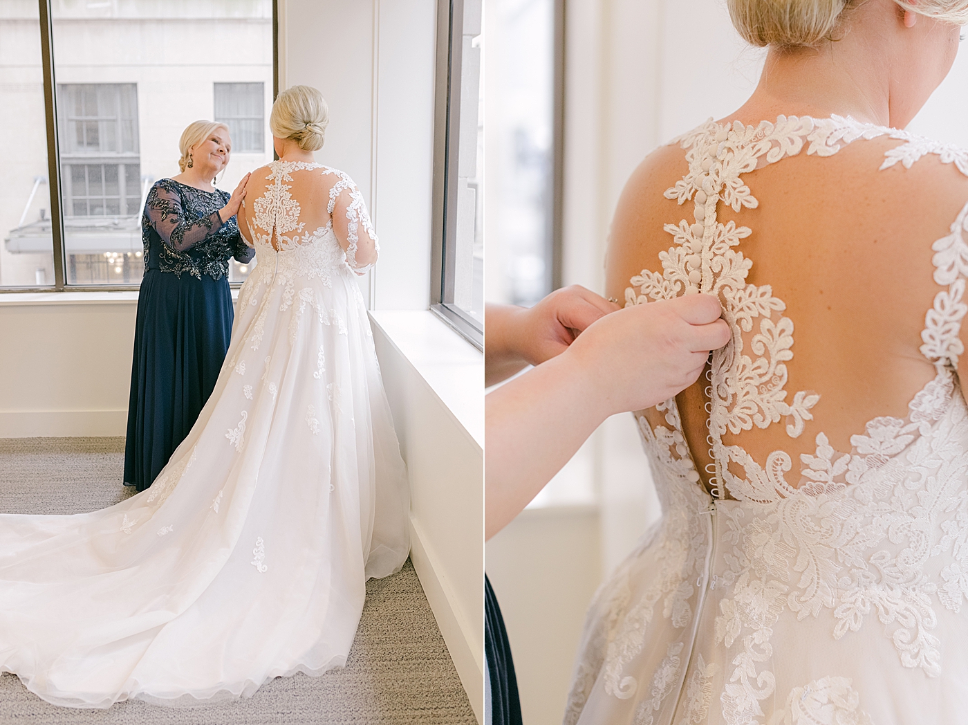 Mother of the bride buttoning the brides dress | Photo by Hope Helmuth Photography
