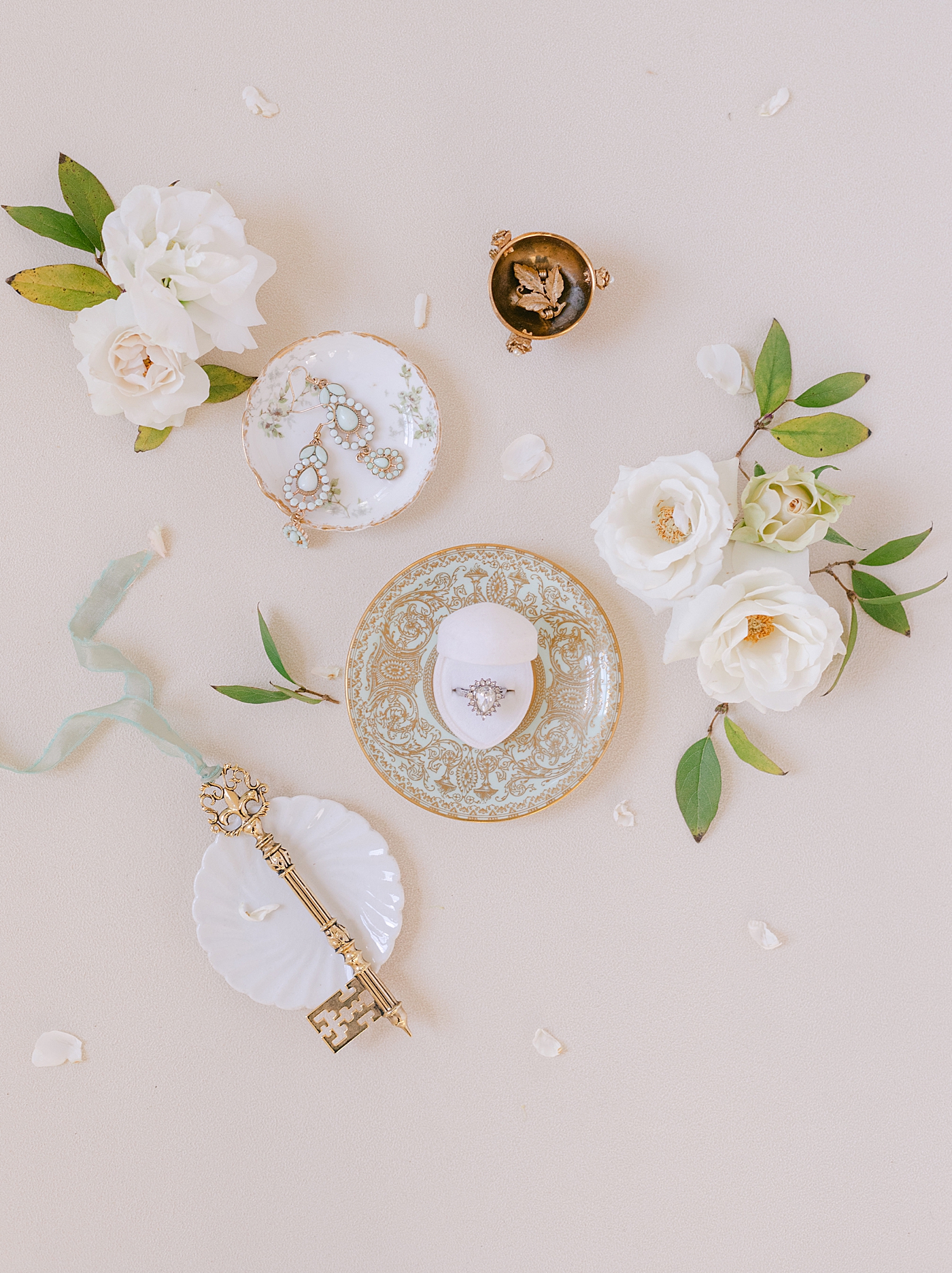 Bridal jewelry styled with boxes and flowers during Old World Romance Editorial | Photo by Hope Helmuth Photograpghy