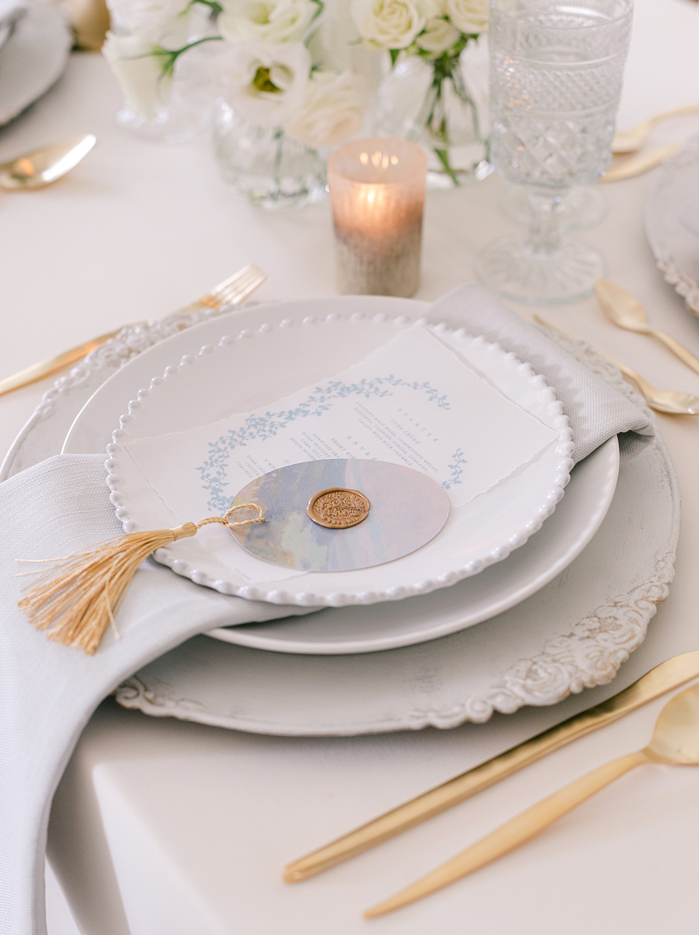 Watercolor table setting with candles | Photo by Hope Helmuth Photograpghy