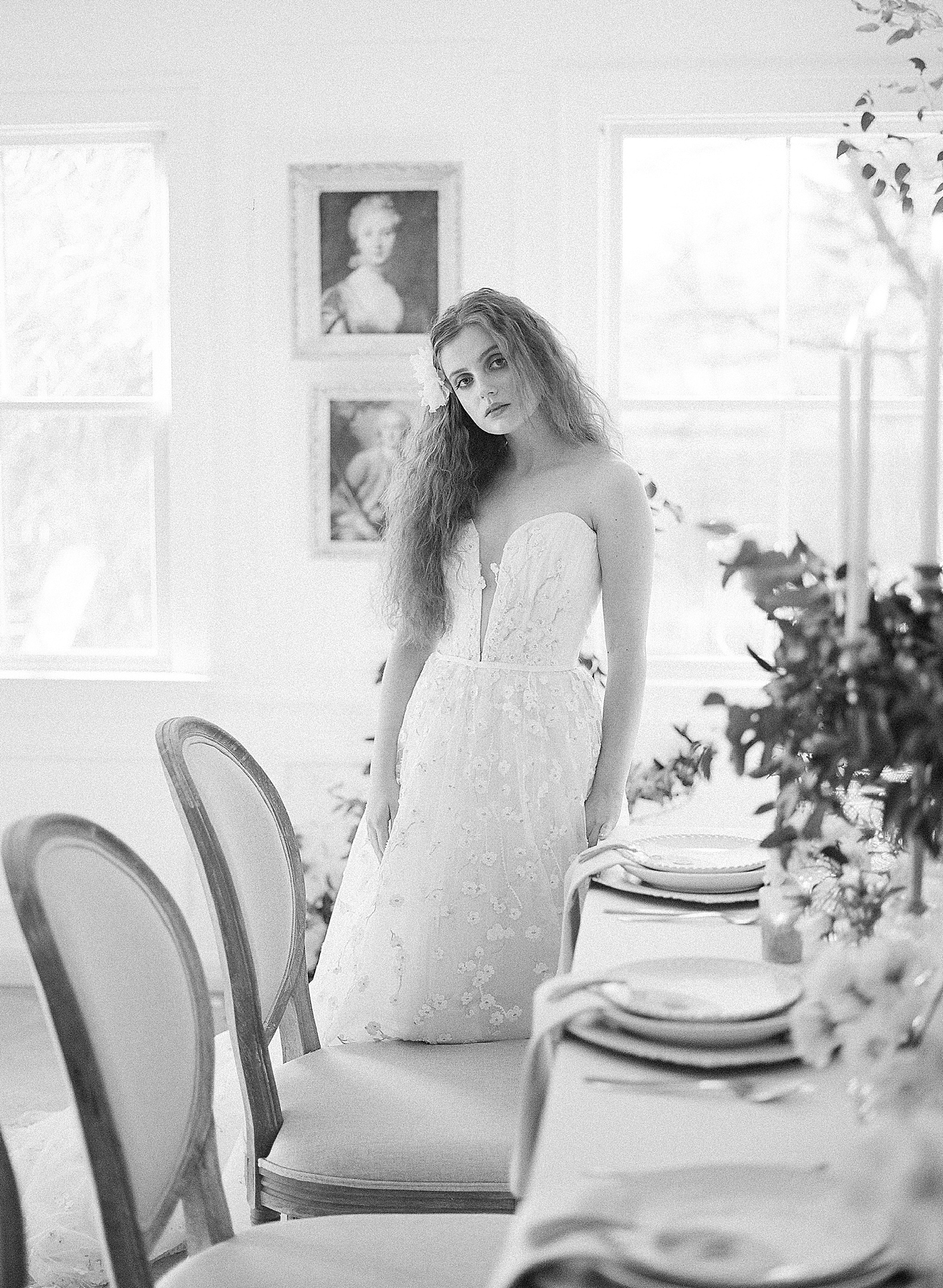 Black and white image of bride during Old World Romance Editorial | Photo by Hope Helmuth Photograpghy