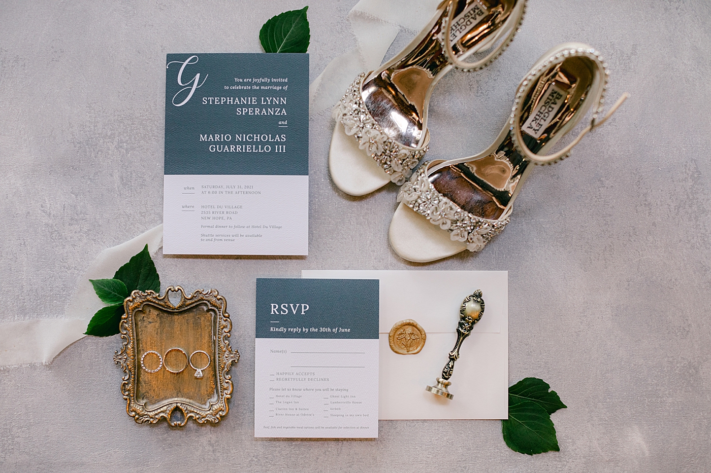 Bridal details with invitation suite during Hotel du Village Wedding | Image by Hope Helmuth Photography