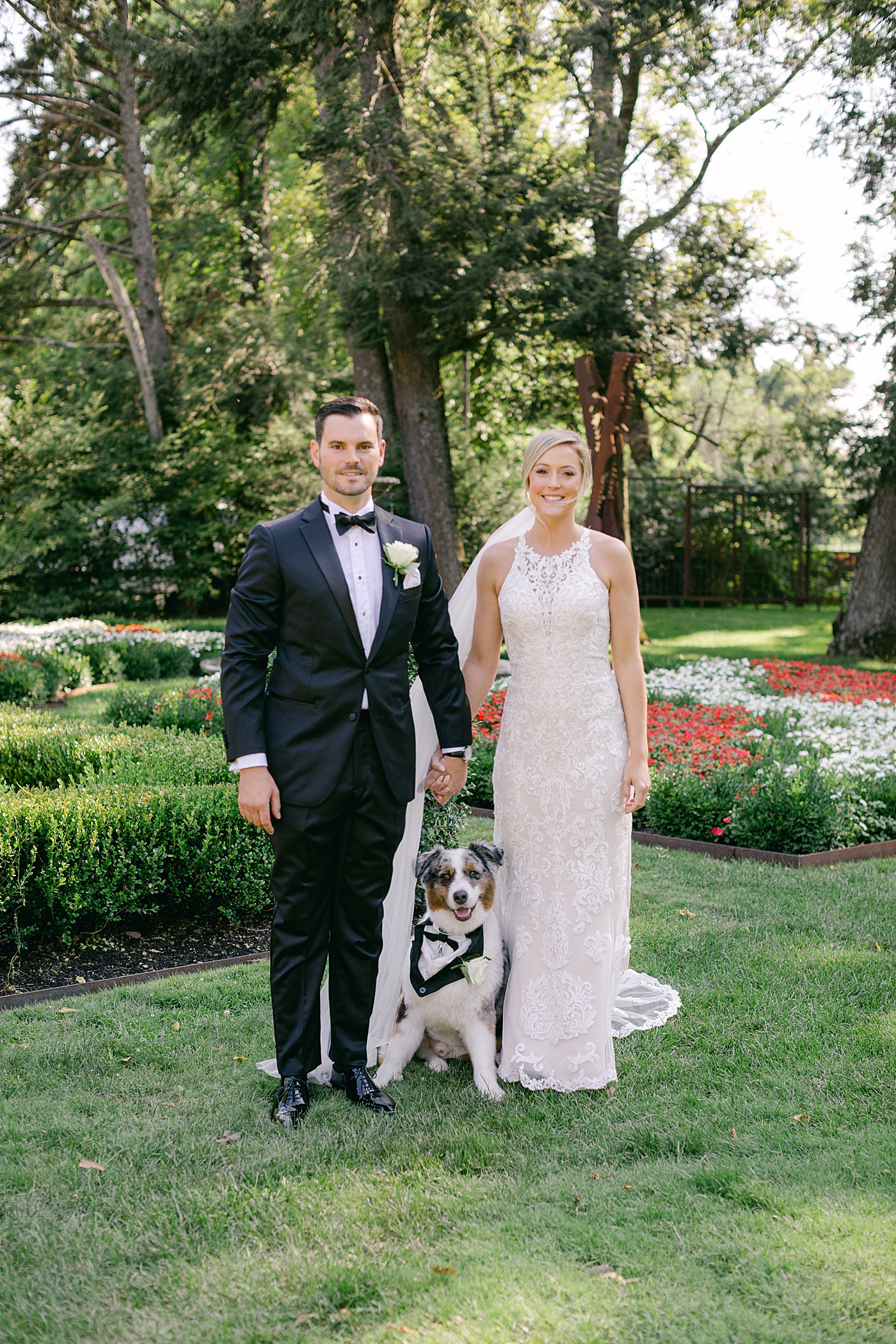 Bride and groom portraits with their dog during Hotel du Village Wedding | Image by Hope Helmuth Photography