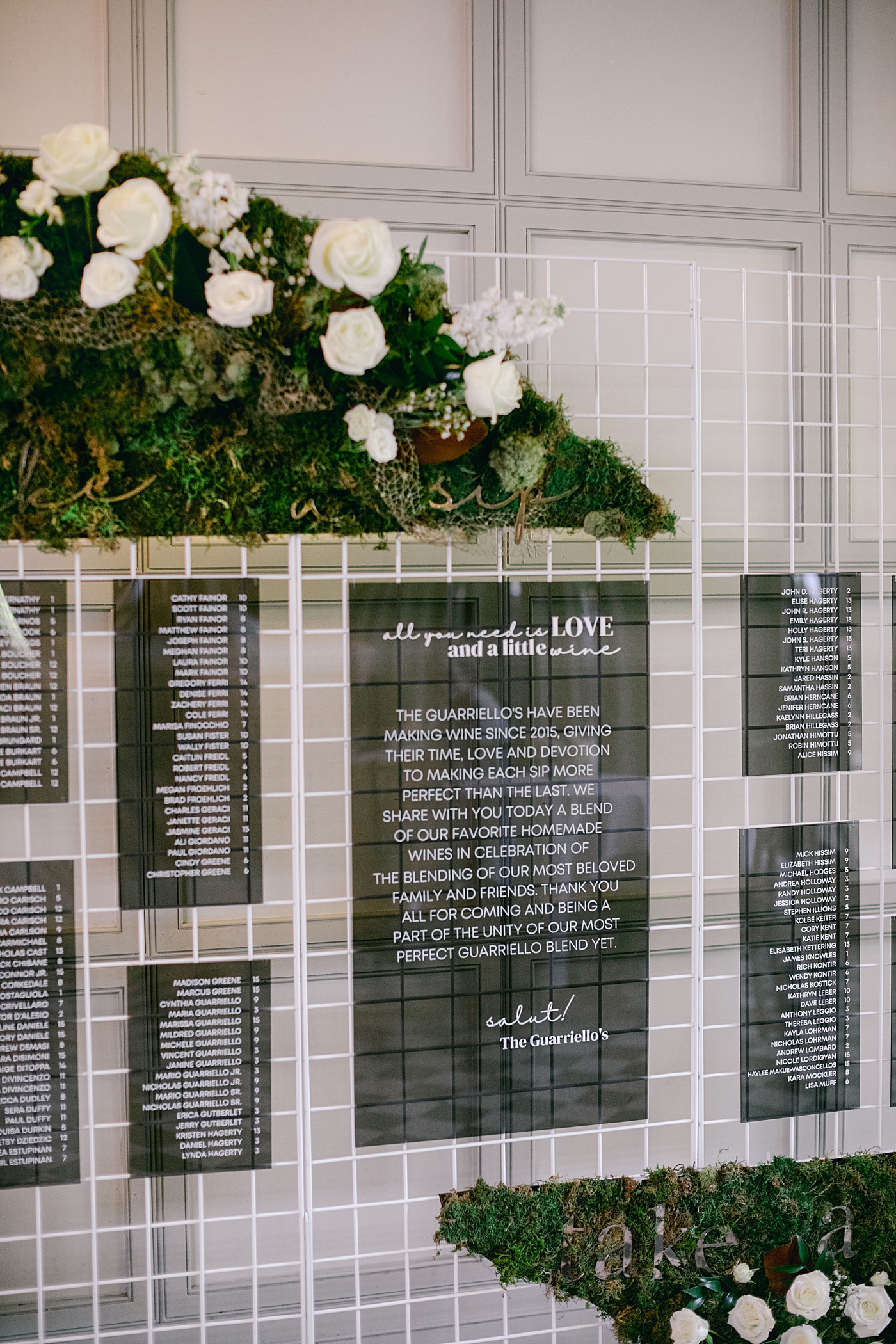 Wedding seating chart with black and white details | Image by Hope Helmuth Photography