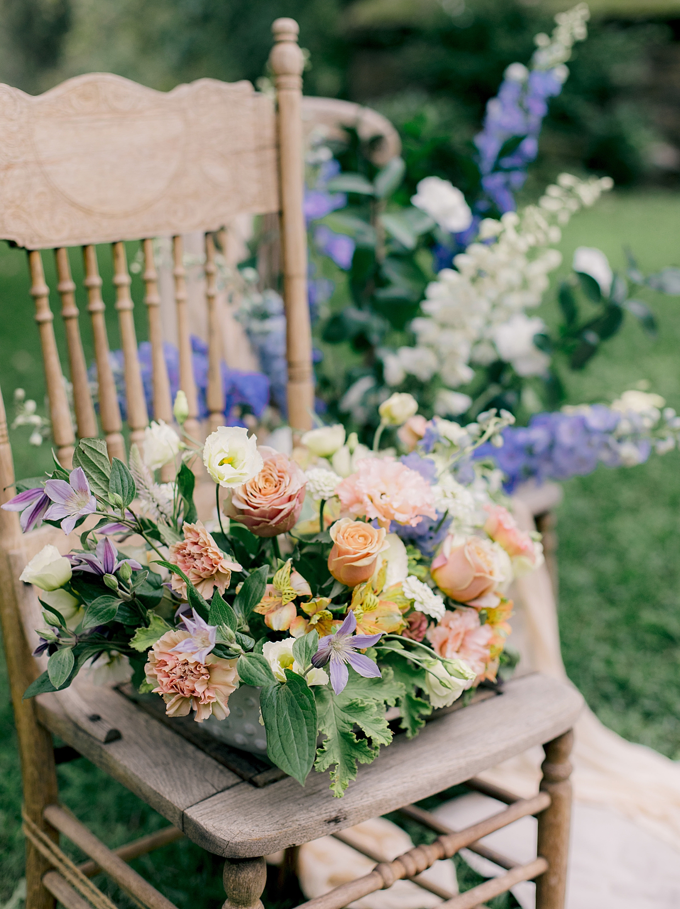 Styled florals on an antique chair | Styling and Planning Engagement Sessions with Hope Helmuth Photography