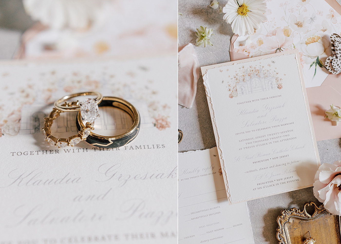 Wedding rings styled on an invitation suite | Image by Hope Helmuth Photography