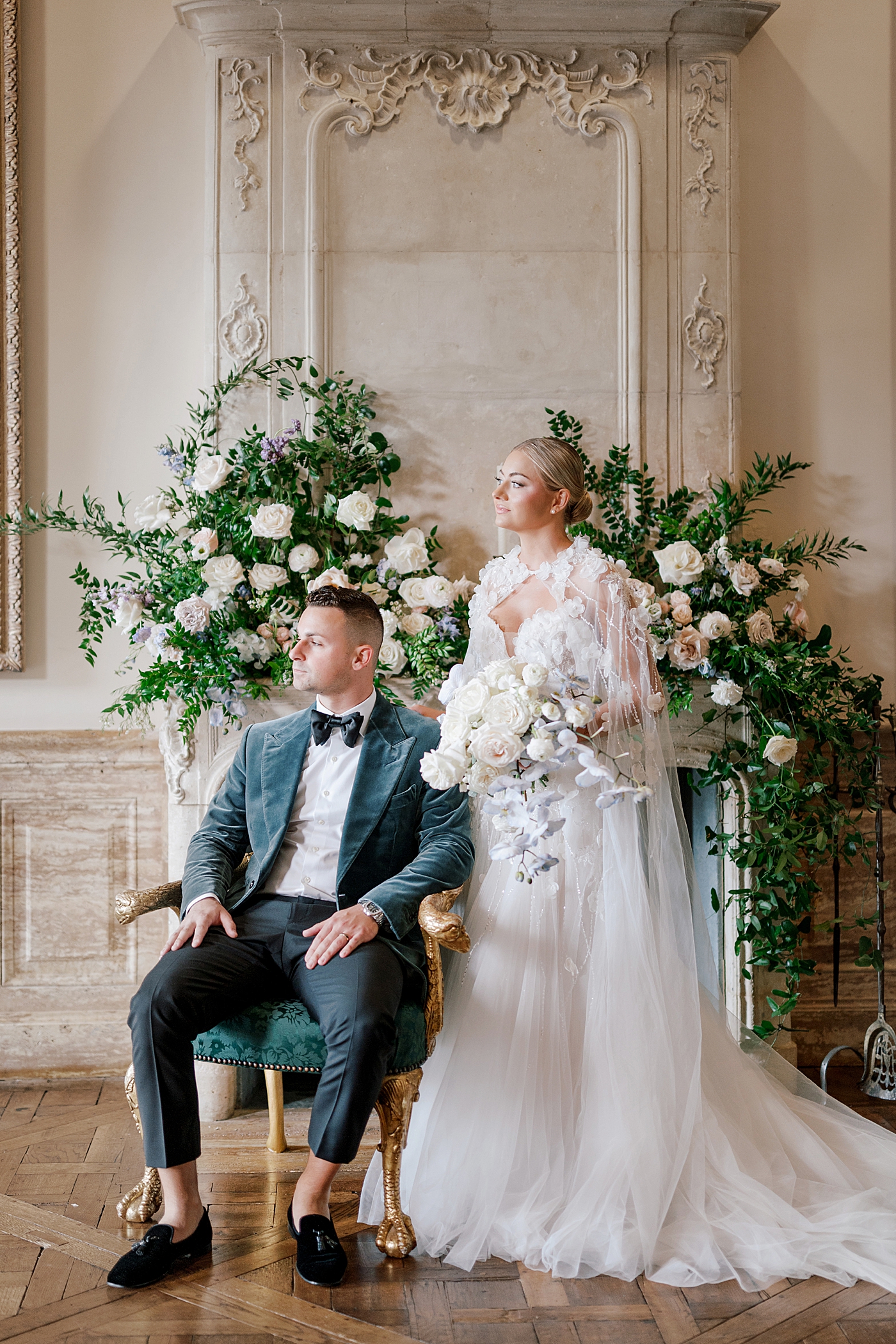 Editorial bride and groom portrait in front of mantel | Image by Hope Helmuth Photography