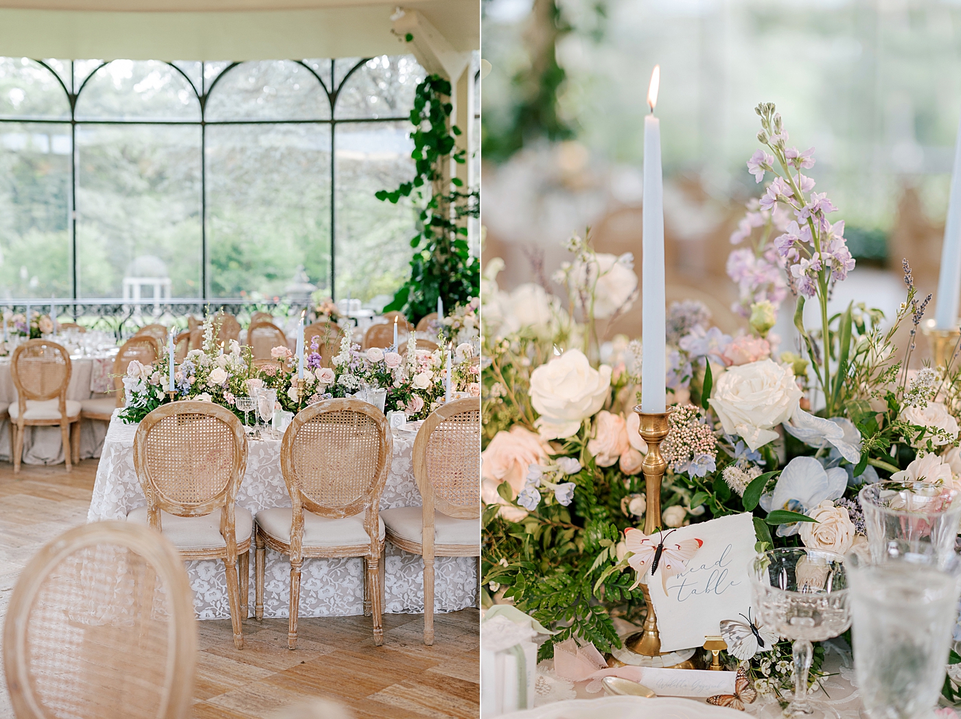 Reception details with floral tablecloths and flowers | Image by Hope Helmuth Photography