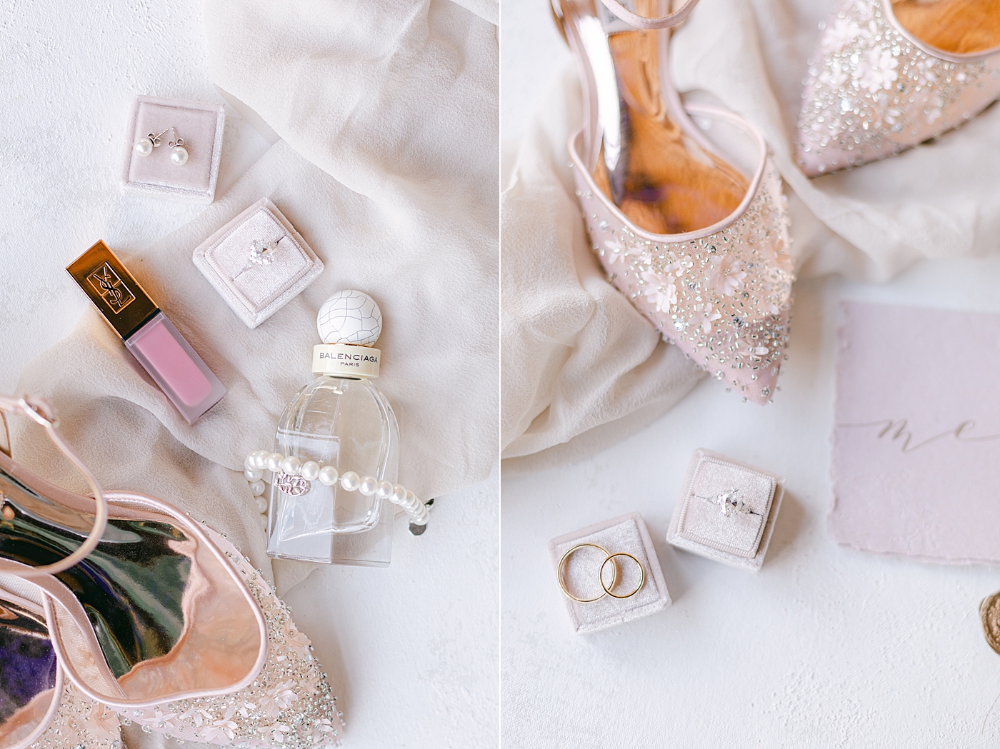 Brides details and shoes with lipstick and rings | Image by Hope Helmuth Photography