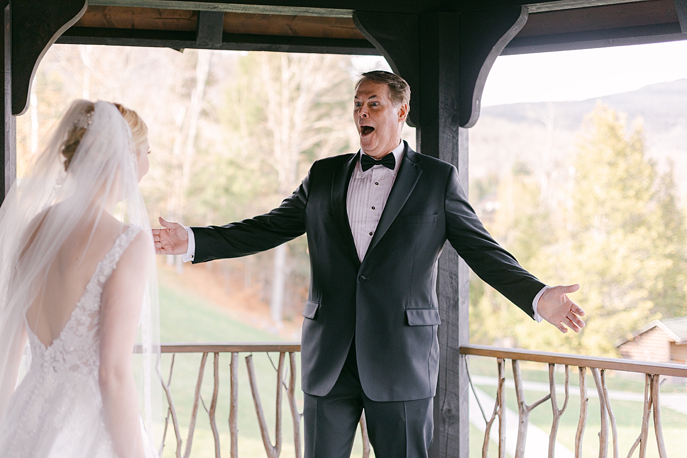 Dad seeing bride during Lake Placid Lodge Wedding | Image by Hope Helmuth Photography