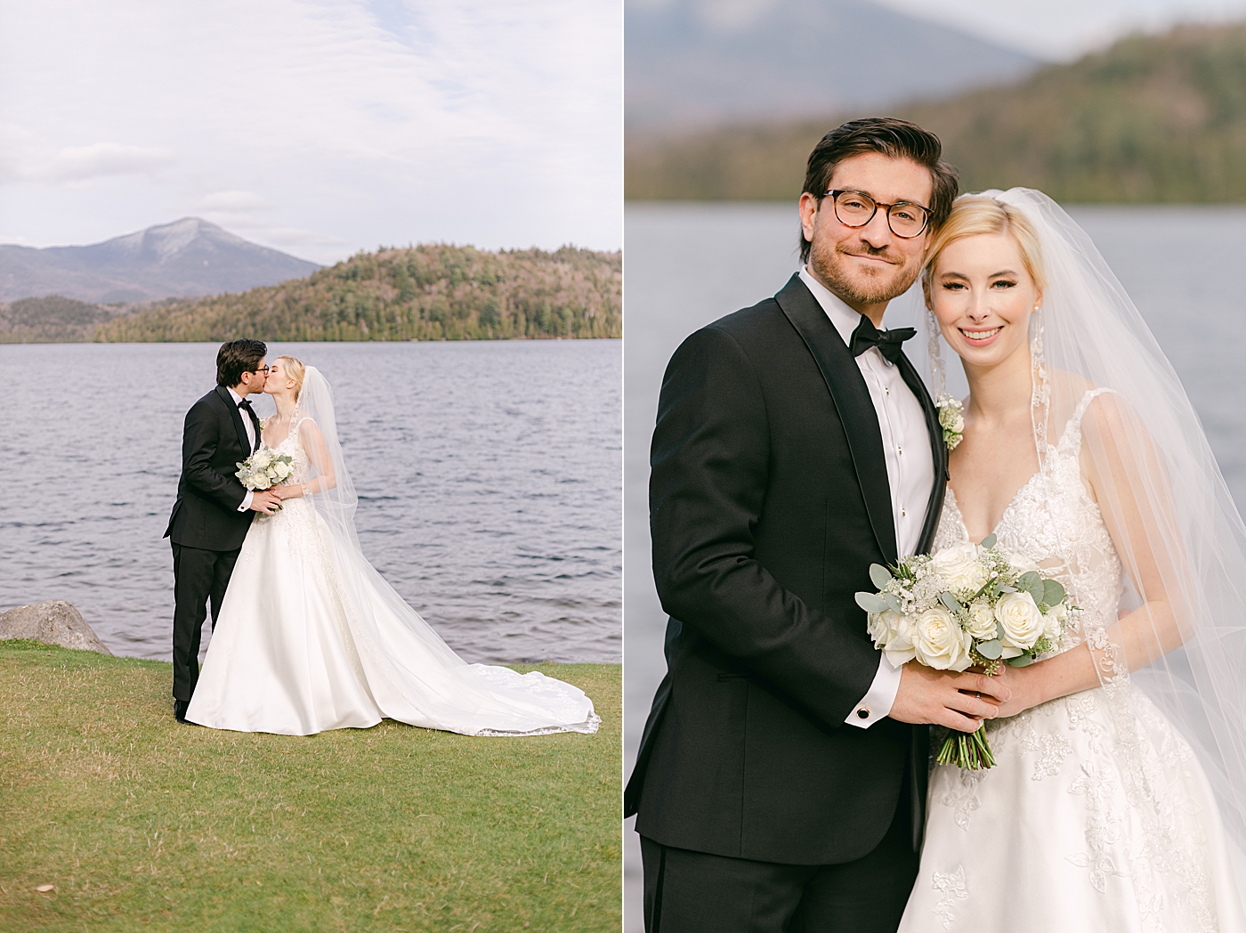 Bride and groom kiss by Lake Placid | Image by Hope Helmuth Photography