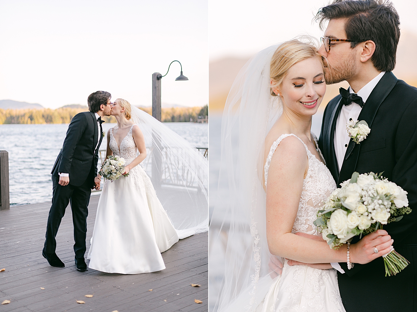 Bride and groom kissing on a dock | Image by Hope Helmuth Photography