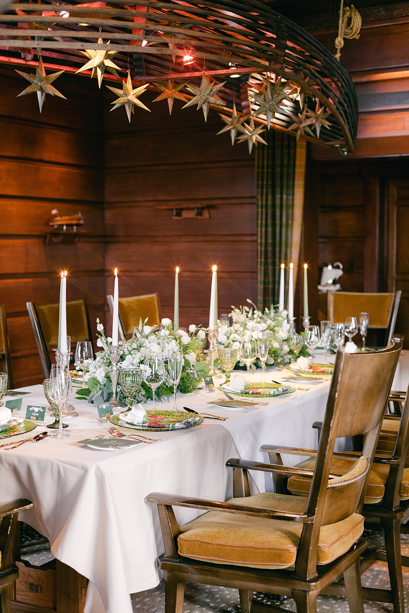 Reception table with candles and flowers during Lake Placid Lodge Wedding | Image by Hope Helmuth Photography