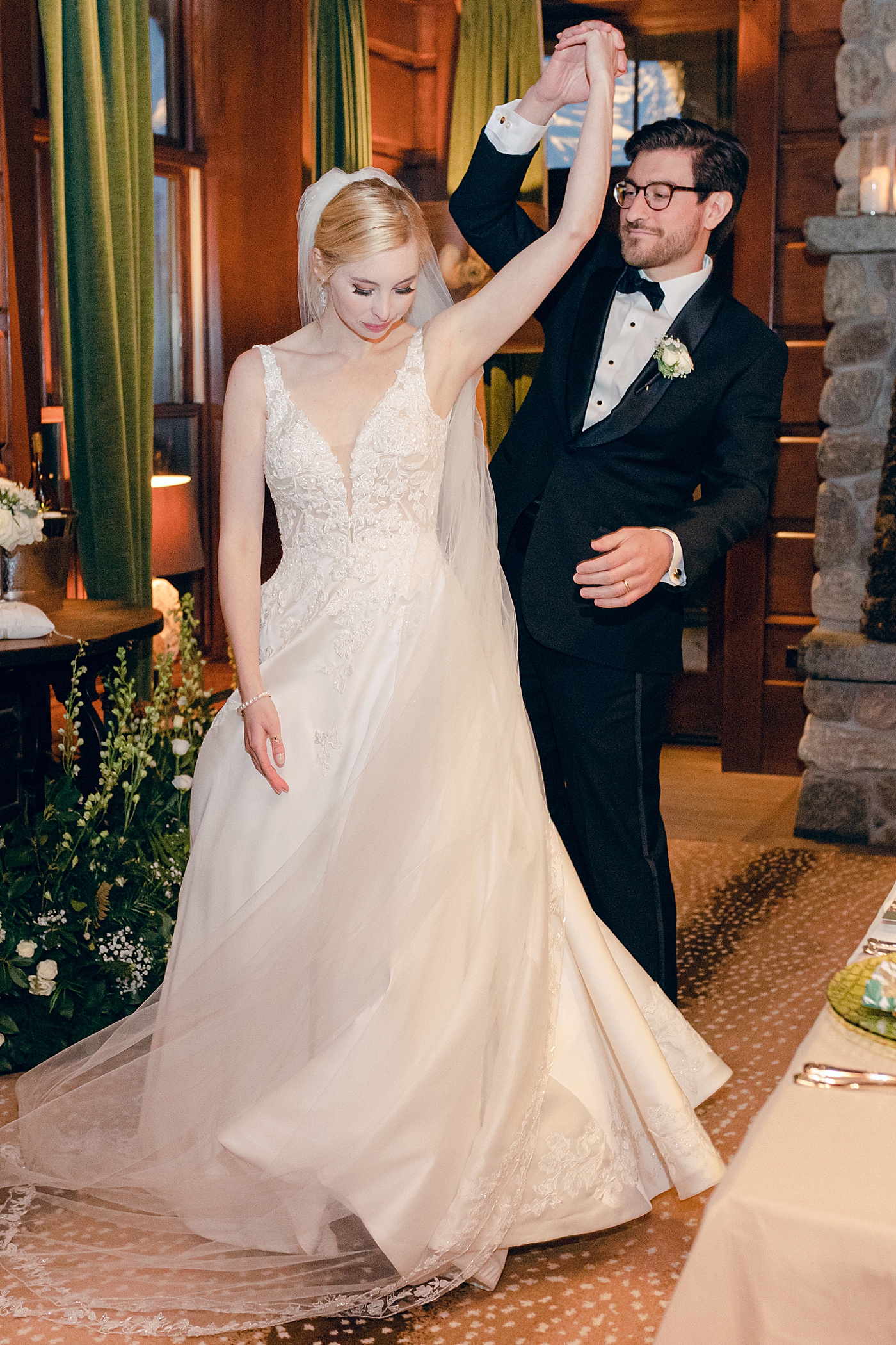 Bride and groom first dance during their Lake Placid Lodge Wedding | Image by Hope Helmuth Photography