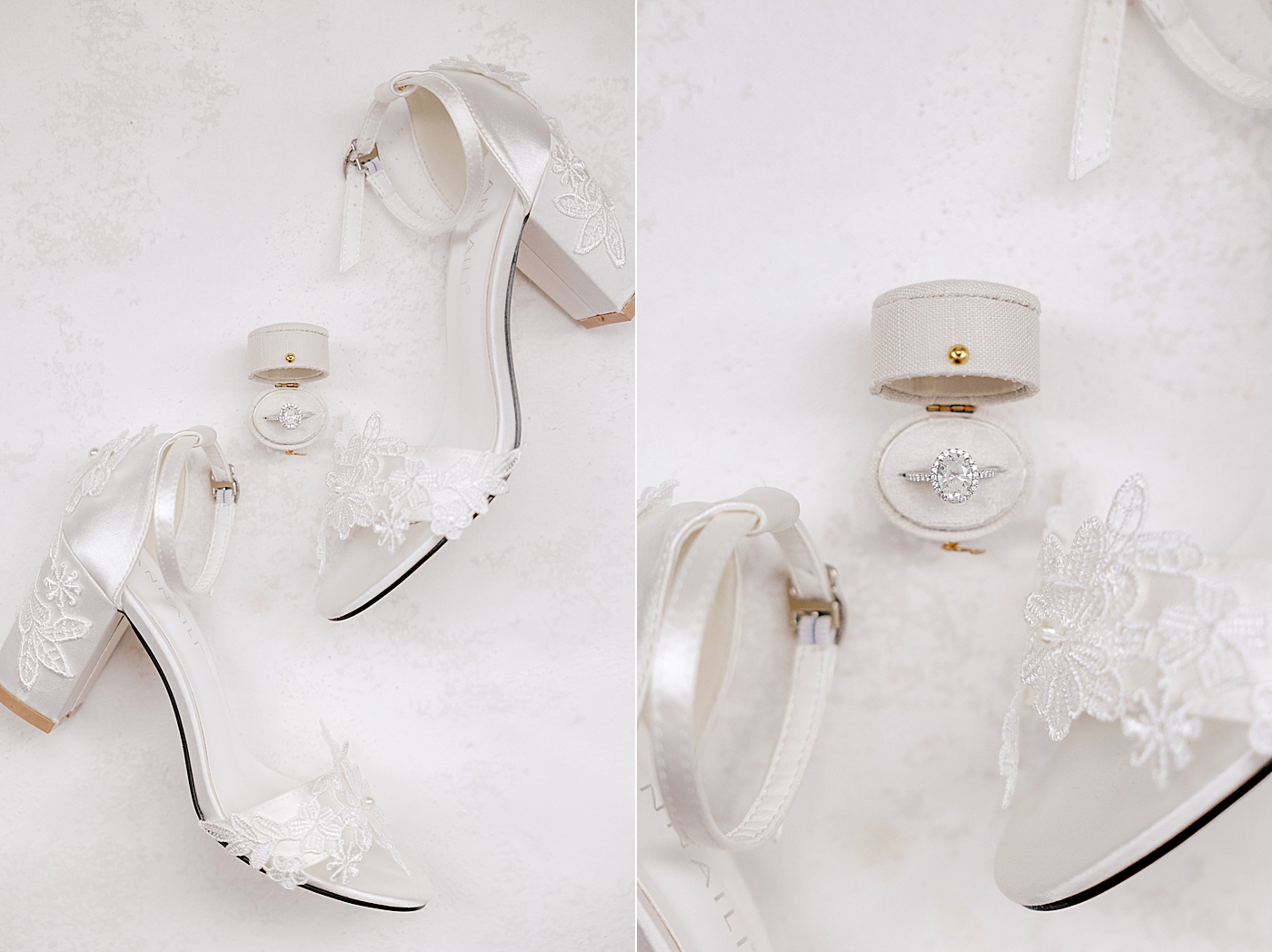 Brides shoes and ring on a white backdrop | Image by Hope Helmuth Photography