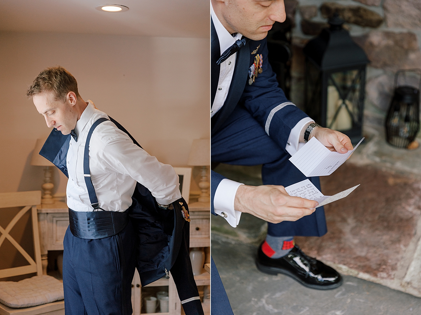 Groom putting on his jacket during River House Odette's Wedding | Image by Hope Helmuth Photography