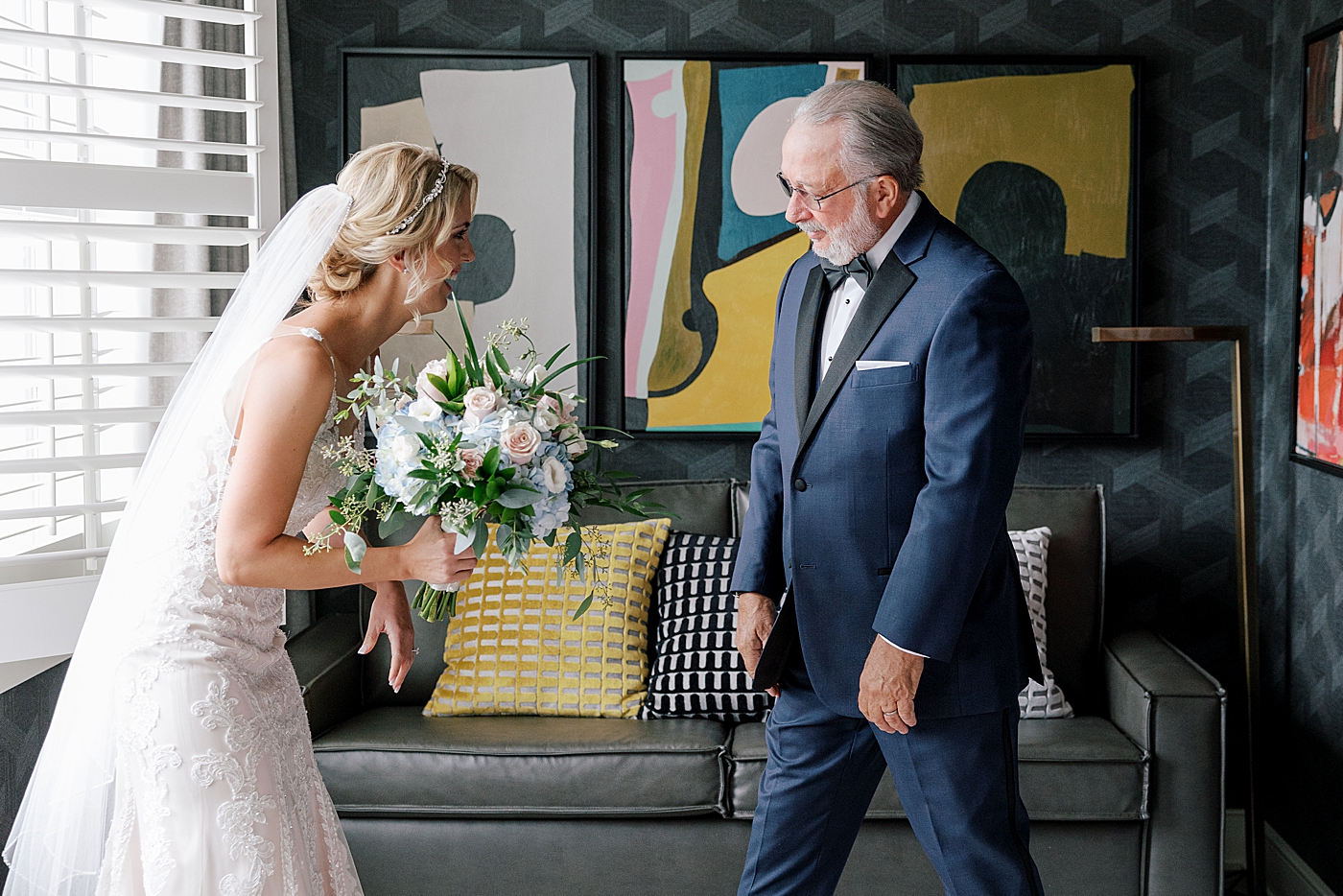 First look with bride and her dad during River House Odette's Wedding | Image by Hope Helmuth Photography