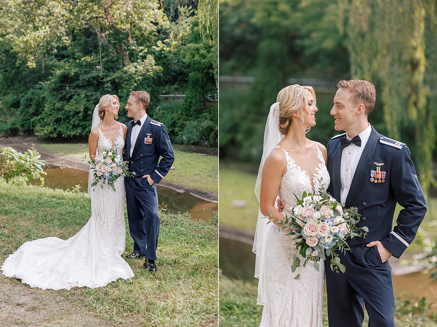 Bride and groom holding a bouquet near a creek | Image by Hope Helmuth Photography