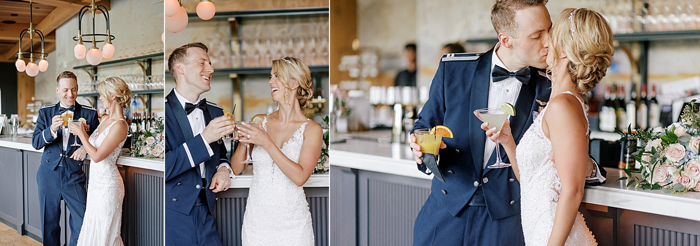 Bride and groom toasting during River House Odette's Wedding | Image by Hope Helmuth Photography