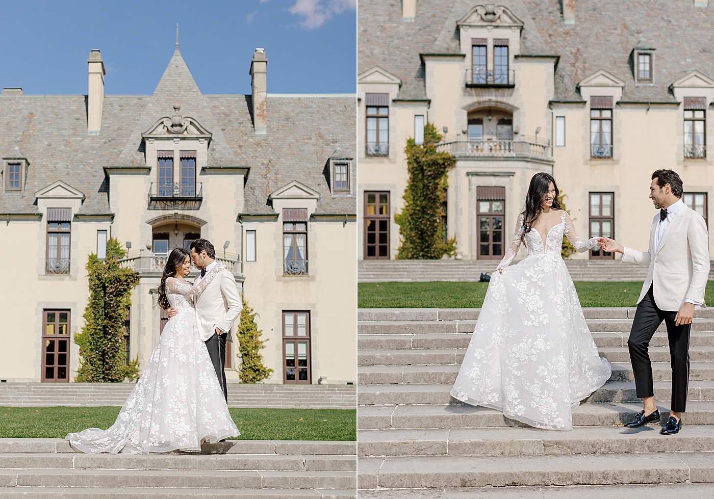 Side by side images of a bride and groom together in front of the entrance of a castle in bright sun | Image by Hope Helmuth Photography