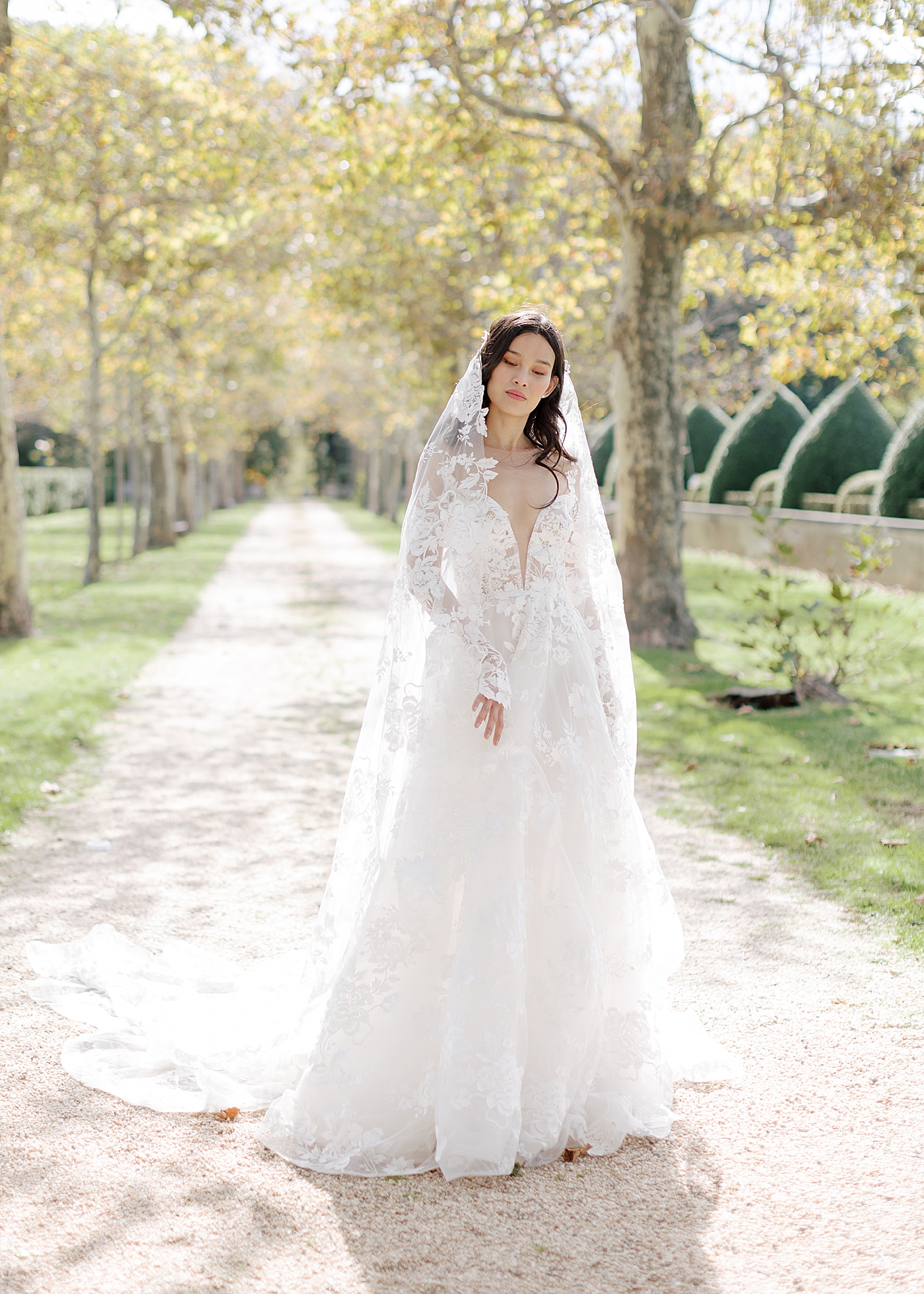 Bridal portrait at the end of a tree-lined driveway during Oheka castle wedding | Image by Hope Helmuth Photography