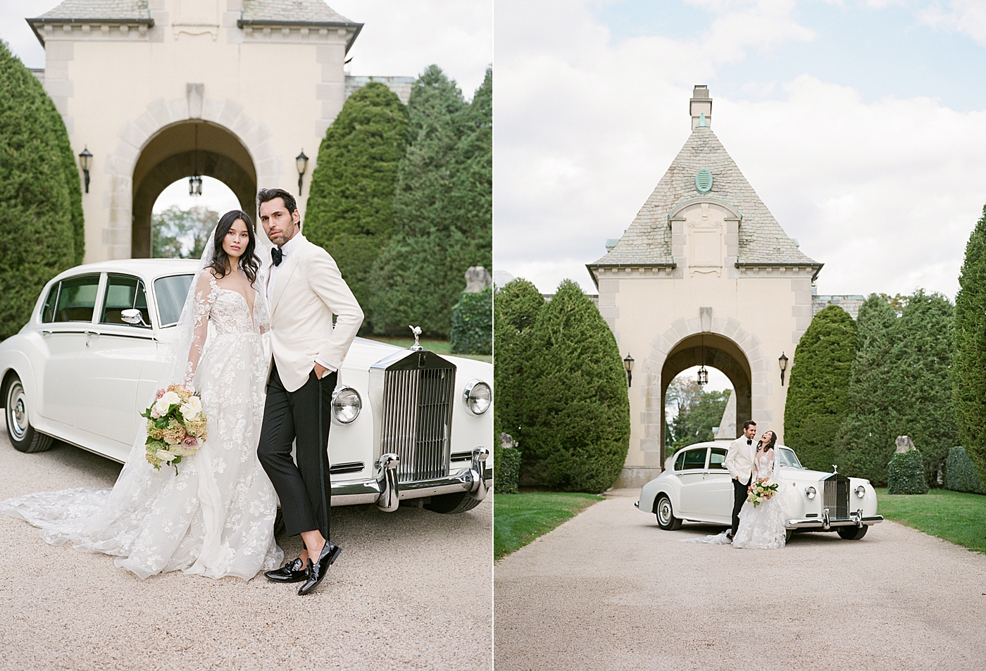 Side-by-side images of a bride leaning on a classic car and embracing in a gravel driveway during Oheka castle wedding | Image by Hope Helmuth Photography