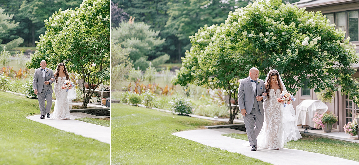 Bride being walked down the aisle during Promise Ridge Wedding | Image by Hope Helmuth Photography 