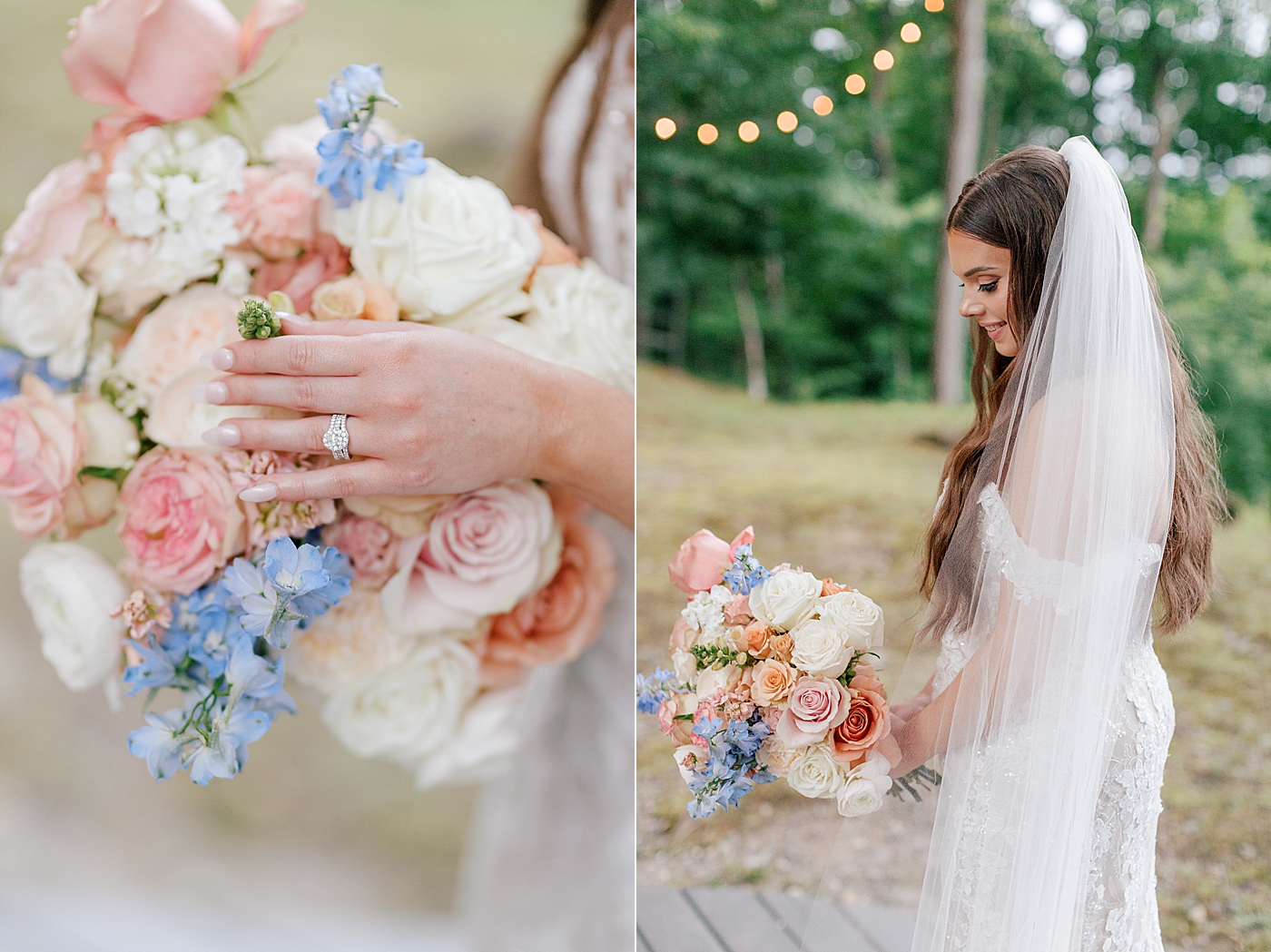 Detail of brides hand on her bouquet during Promise Ridge Wedding | Image by Hope Helmuth Photography 