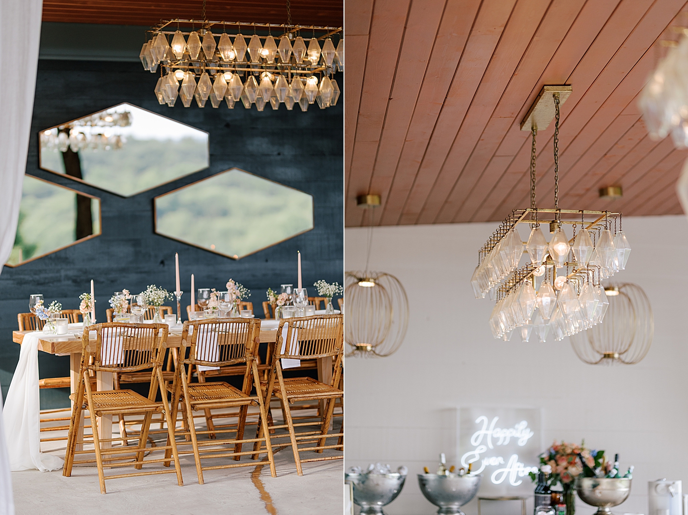 Modern wedding reception details with mirrors and brown chairs | Image by Hope Helmuth Photography 