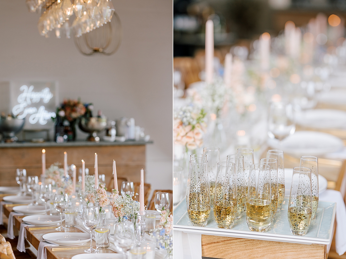 Reception table with pink candles and gold champagne glasses | Image by Hope Helmuth Photography 