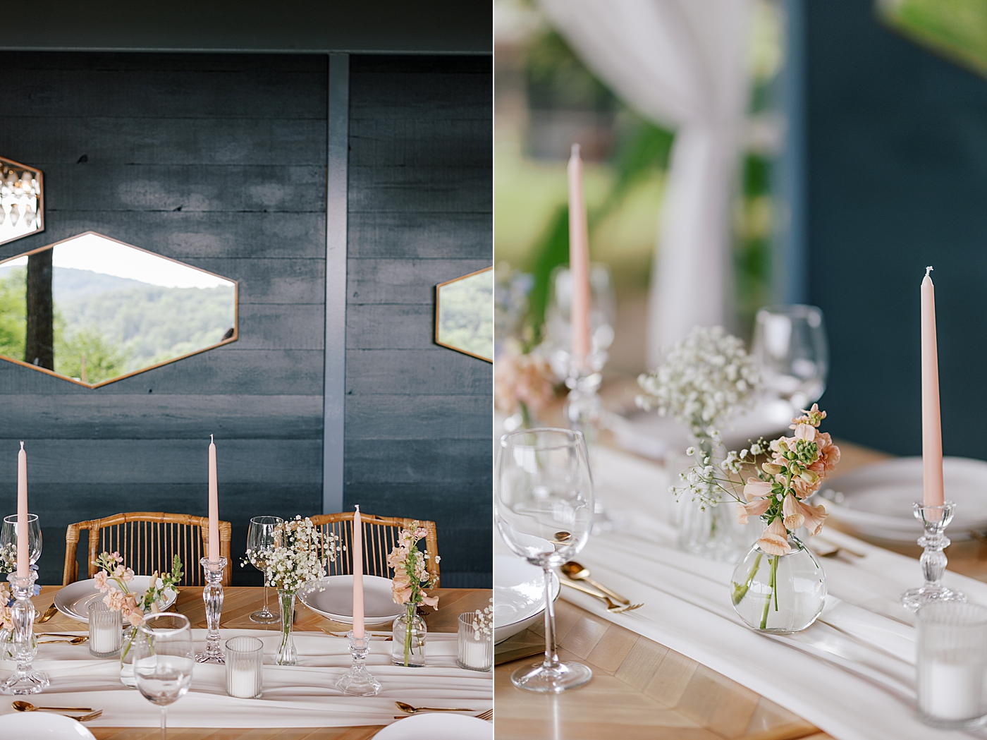 Modern wedding reception table with mirrors on the wall | Image by Hope Helmuth Photography 