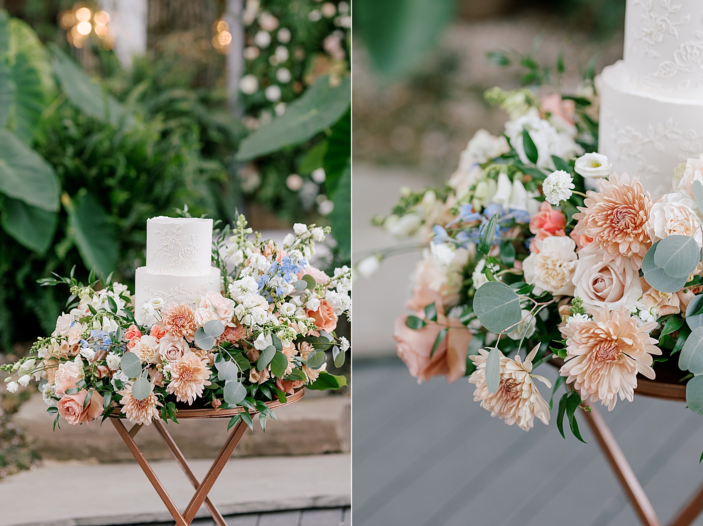 Wedding cake on a table with flowers during Promise Ridge Wedding | Image by Hope Helmuth Photography 