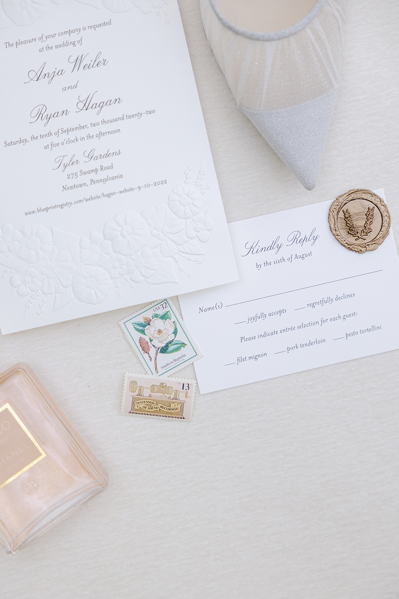 White and light blue flat lay of wedding details during Tyler Gardens Wedding | Image by Hope Helmuth Photography