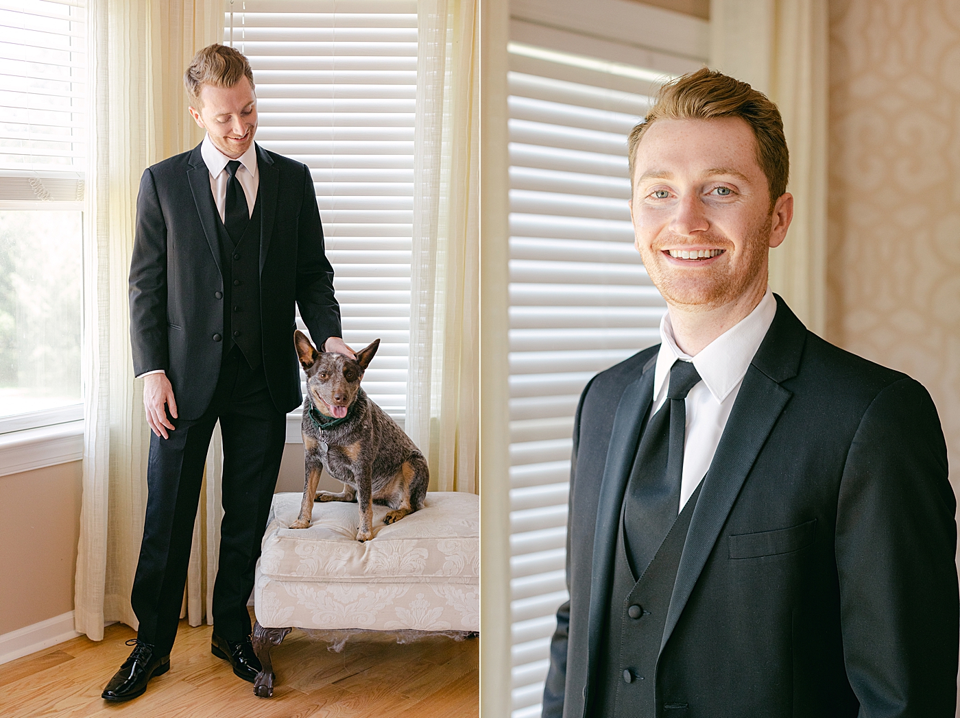 Side by side portraits of the groom, one with his dog during Tyler Gardens Wedding| Image by Hope Helmuth Photography