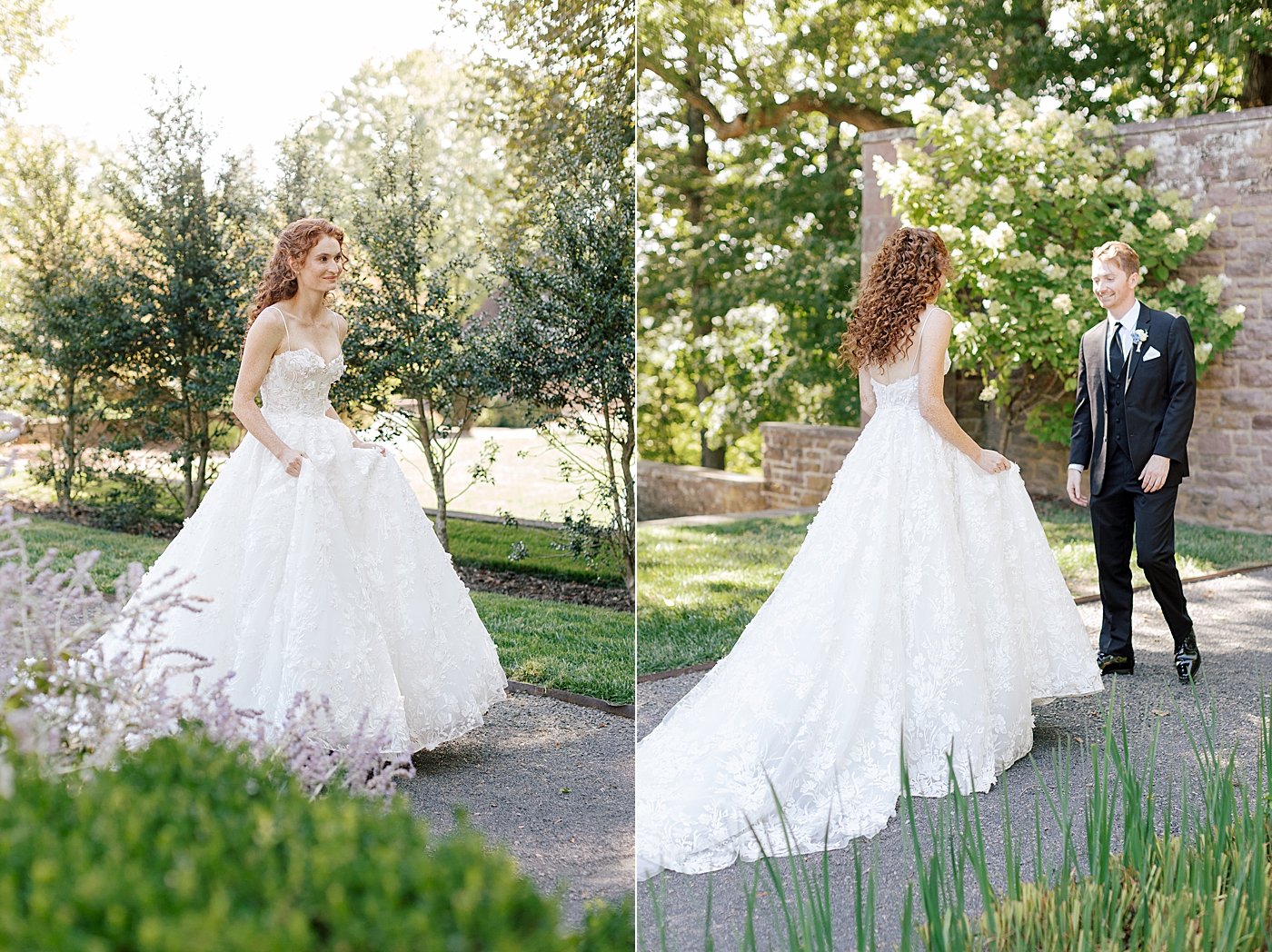 Side by side images of bride walking up to groom for their first look during Tyler Gardens Wedding | Image by Hope Helmuth Photography