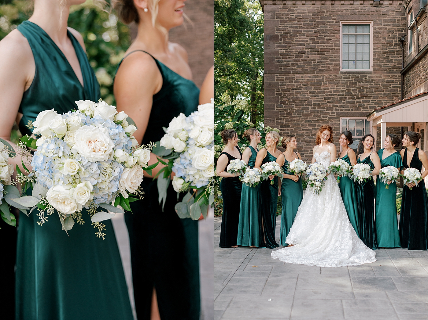 Side by side images of bridesmaid bouquets and bridesmaid with bride during Tyler Gardens Wedding | Image by Hope Helmuth Photography