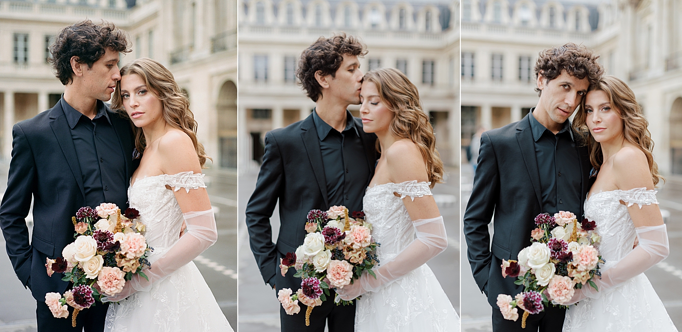Three close up images of a bride and groom embracing and looking at each other with a European chateau in the background | Image by Hope Helmuth Photography
