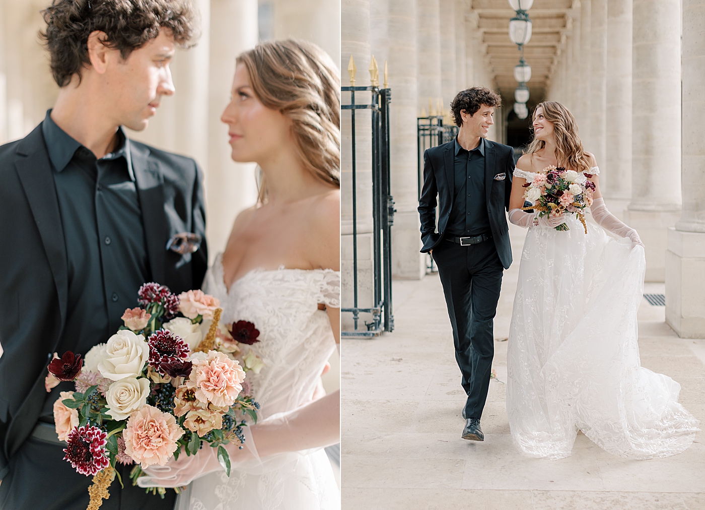 Dual image of a bride and groom looking at each other in an outdoor, sunlit, concrete corridor| Image by Hope Helmuth Photography