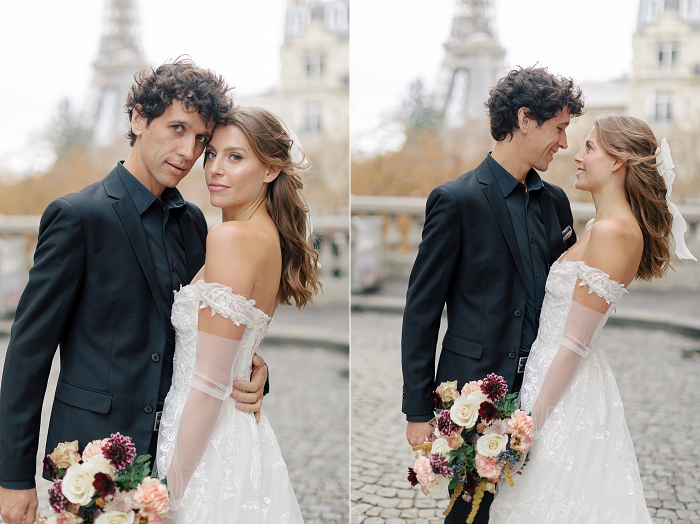 Dual image of a bride and groom embracing and looking at each other in Paris with the Eiffel tower in the background| Image by Hope Helmuth Photography