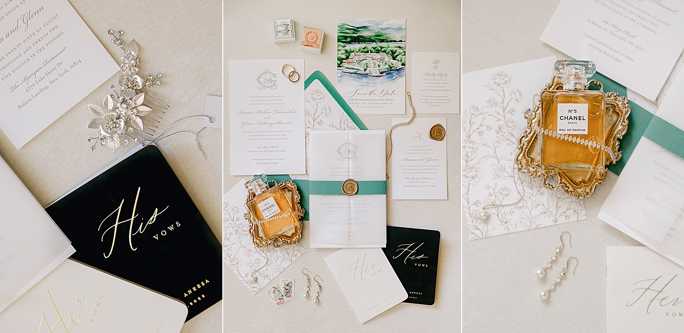 Three side-by-side images of flat lay wedding details | Image by Hope Helmuth Photography