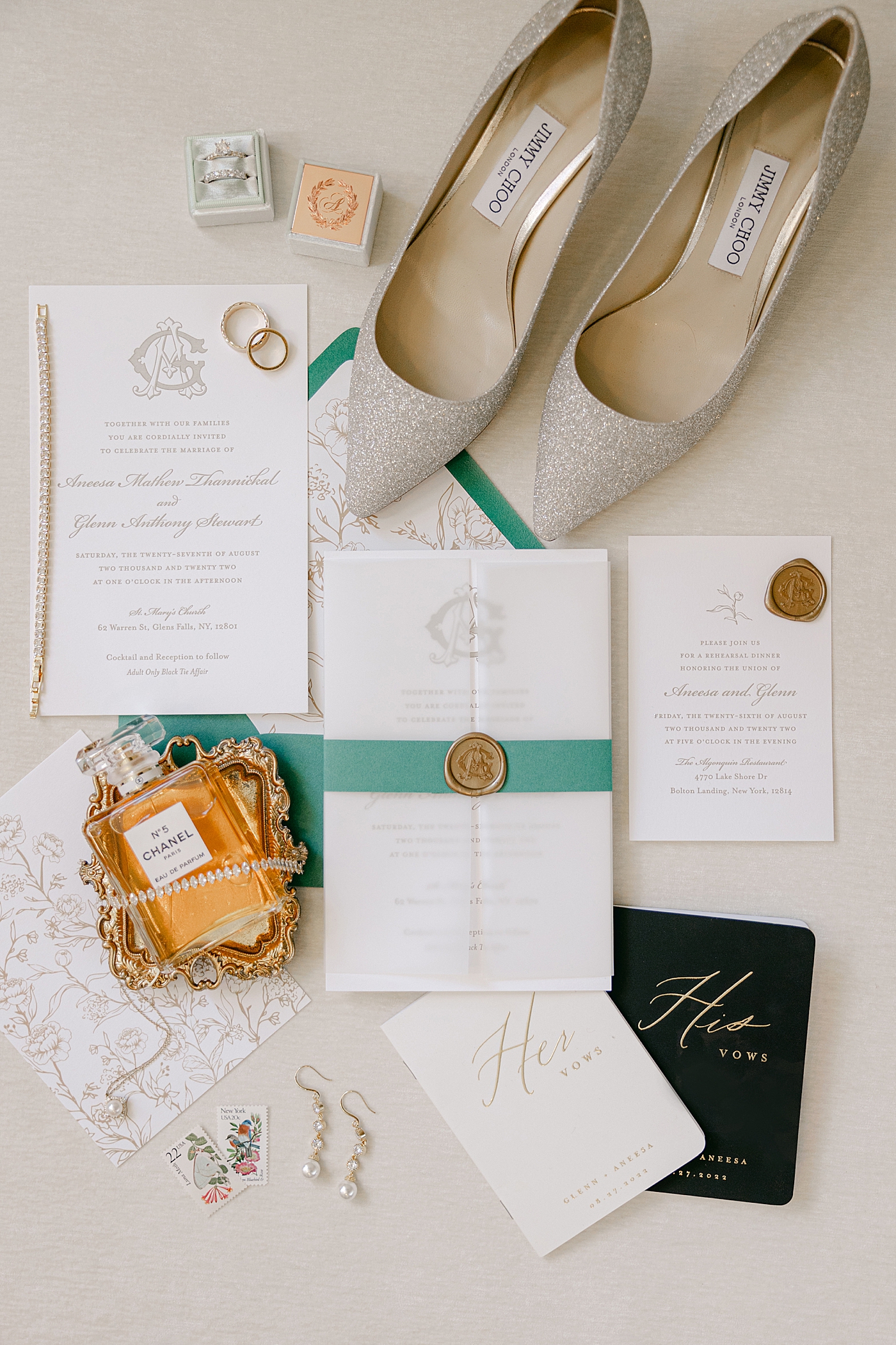 Flat lay of wedding details with rings and high heels during their Sagamore Wedding | Image by Hope Helmuth Photography