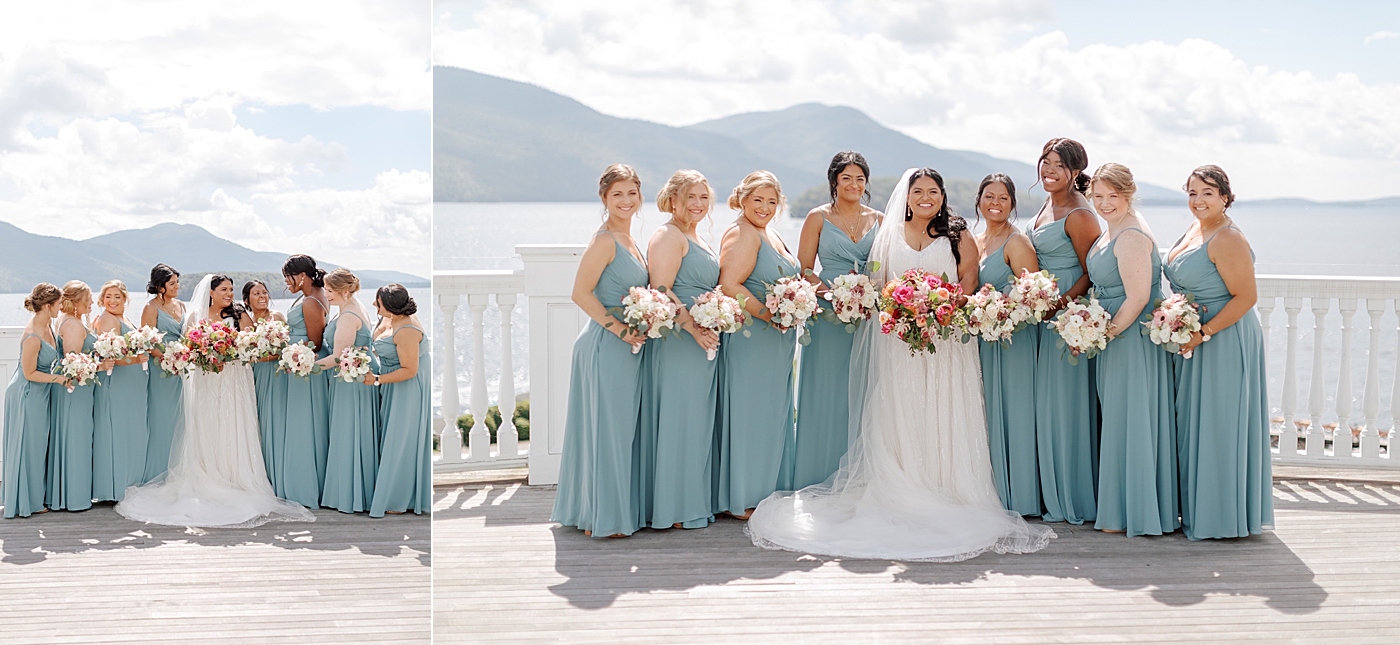 Double image of formal portraits of a bride and her bridesmaids in blue | Image by Hope Helmuth Photography