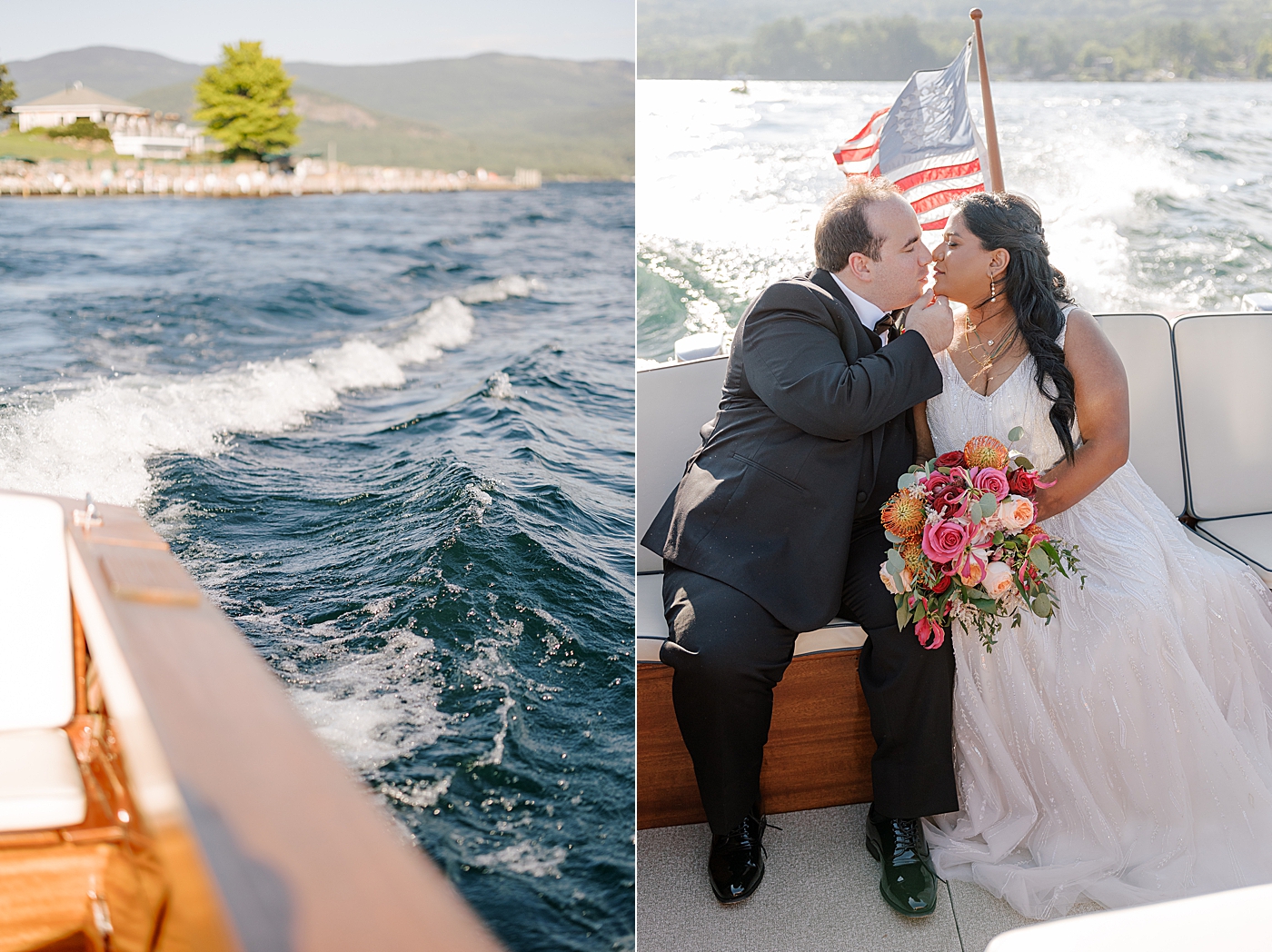 Double image of location details and a bride and groom kissing in the back of a boat | Image by Hope Helmuth Photography