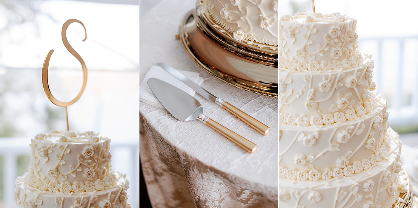 Triple image of cake table details during Sagamore Wedding | Image by Hope Helmuth Photography
