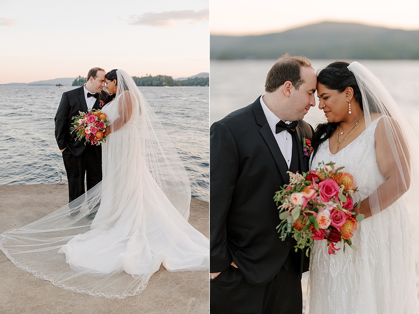 Double image of a bride and groom posing, heads together on a dock at sunset | Image by Hope Helmuth Photography