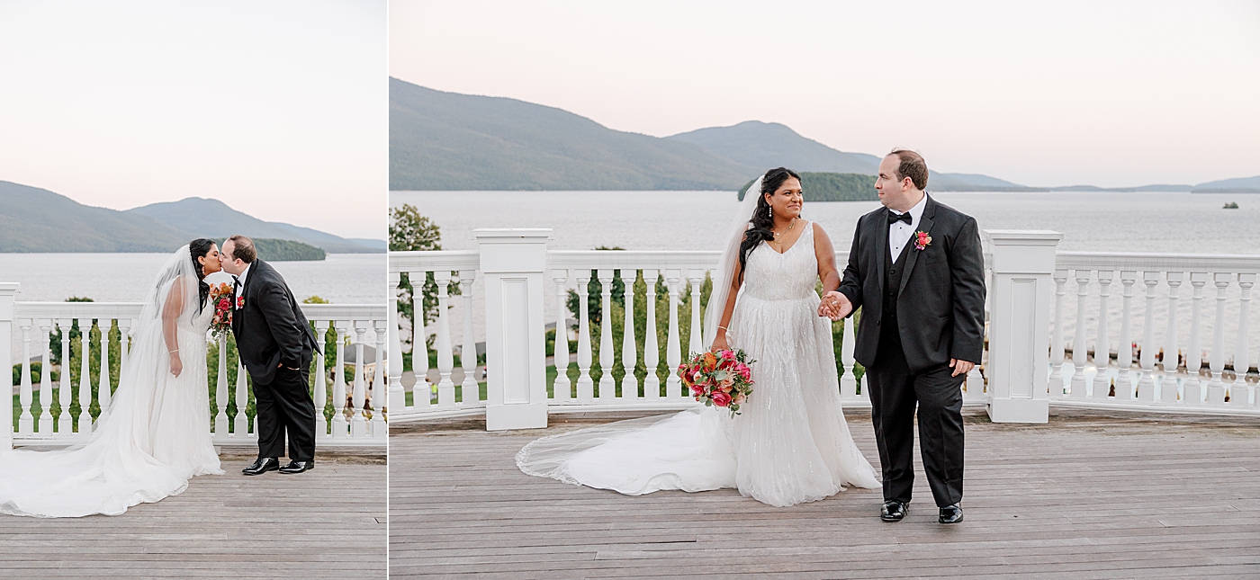 Double image of a bride and groom kissing on a deck and walking towards the camera with water and mountains in the background | Image by Hope Helmuth Photography